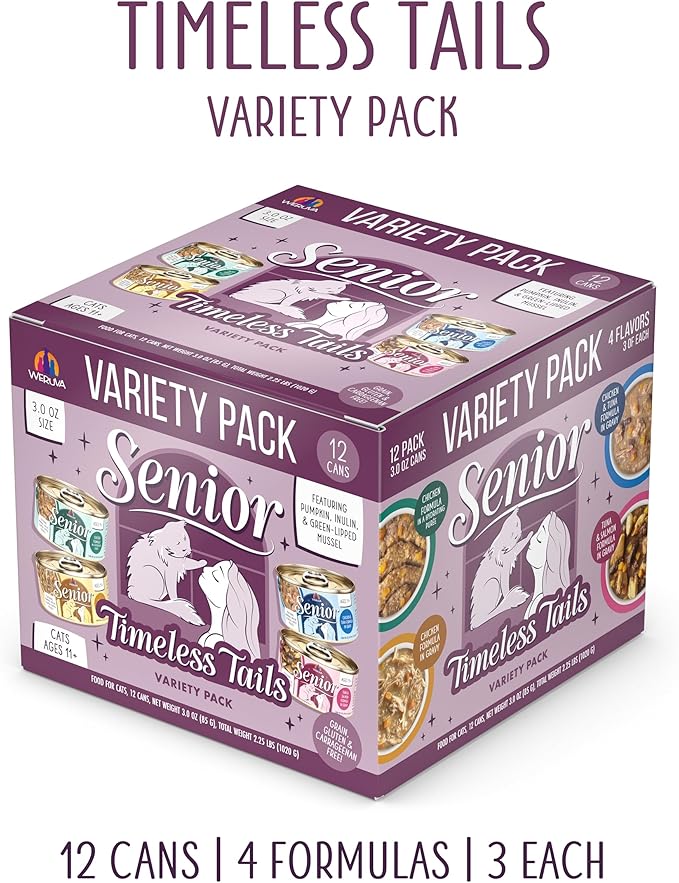 Weruva Senior Cat Food, Timeless Tails Variety Pack, 3oz Can, Pack of 12