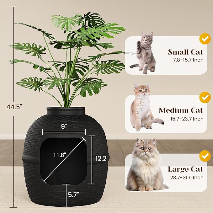 FansaFurn Large Cat Litter Box, Hidden Litter Box with Faux Plant, Heavy Duty Litterbox Enclosure Furniture with Rattan Pattern, PP Cat Box Enclosure Furniture for Living Room, Bedroom, Black