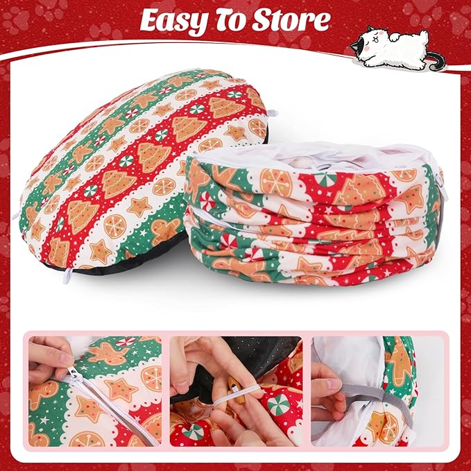 Christmas Tree Cat Tunnel, Soft Cat Tunnels for Indoor Cats with Middle Cushion, Cute Pet Donut Cave Bed Play Toys, Xmas Tree Decorations Protector Gifts