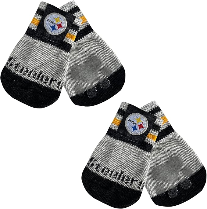 NFL Pittsburgh Steelers Anti Slip Dog Socks with Elastic Ribbed Top, Size Medium/Large. Indoor/Outdoor Socks, Best Dog Paw Protector, 2 Pairs, Cool Puppy Supplies with NFL Logo of Steelers Team