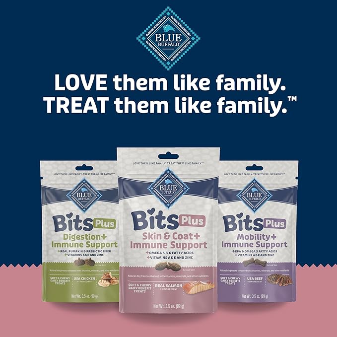 Blue Buffalo Blue Bits Plus Skin & Coat and Immune Support Daily Benefit Dog Treats, Soft & Chewy Salmon Morsels, 3.5-oz. Bag