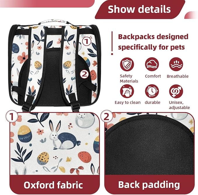 Dog Carrier Backpack for Small Pets - Cat & Dog Backpack for Hiking, Camping or Travel, Rabbits Eggs Flowers Leaves (2)