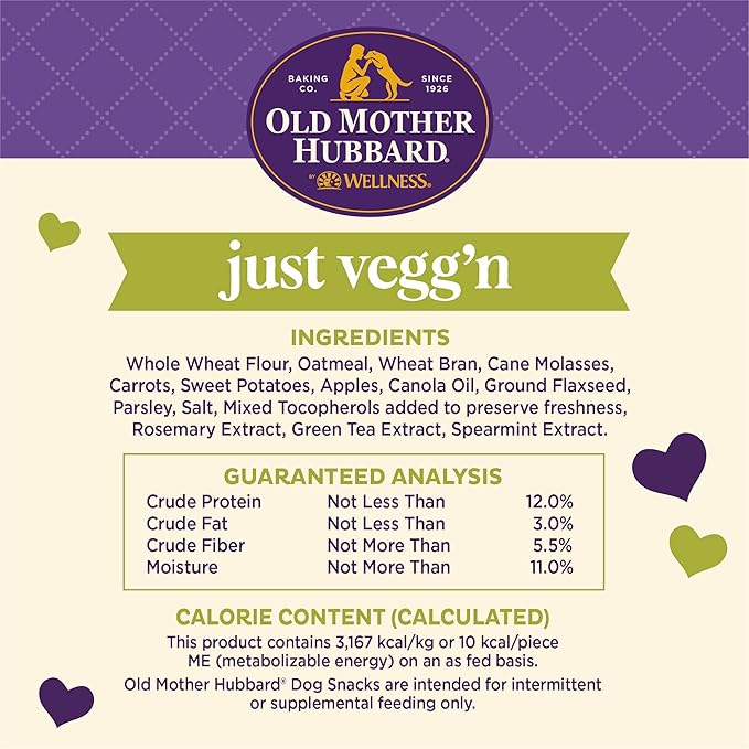 Old Mother Hubbard Wellness Classic Just Vegg'n Dog Biscuits, Natural Training Treats, Sweet Potato, Oats, Apple and Carrot Flavor, Mini Size, 20 oz Bag, (Pack of 2)