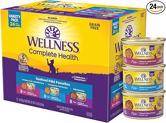 Wellness Complete Health Pate Variety Pack Adult Canned Wet Cat Food, Natural, Protein Rich, Grain Free, Seafood Favorites, 3 oz, Pack of 24 Cans