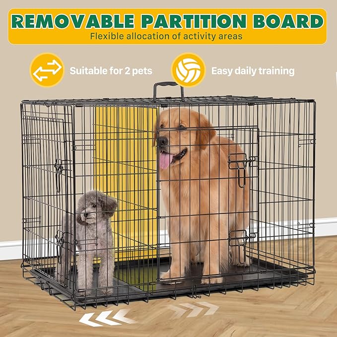Dog Crate - 36 Inch Medium Double Door Portable Dog Cage, Metal Wire Pet Kennel with Secure Lock, Leak-Proof Pan Tray, Foldable Design for Dogs Pets Indoor Training and Outdoor Trave