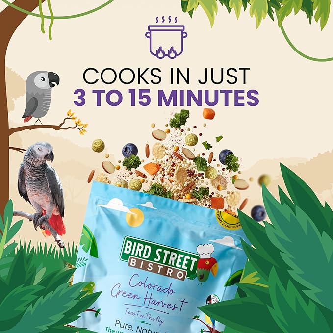Bird Street Bistro Parrot Food - Parrot Food - Cooks in 3-15 min w/Natural Whole Grains, Legumes, Non-GMO Fruits, Vegetables & Health-Oriented Spices.