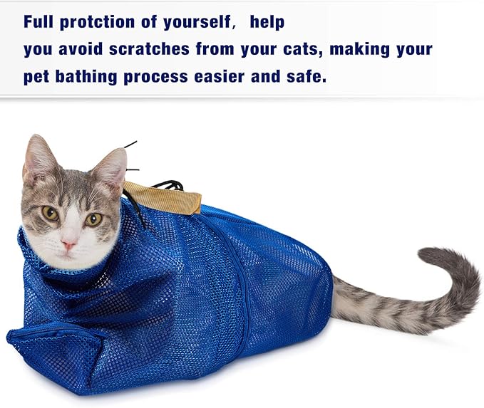 2 Pieces Cat Grooming Washer Mesh Bag Cat Muzzles Breathable Mesh Muzzles Adjustable Kitten Scratch Resistant Kitty Restraint Clothes Kitty Bath Bag for Bathing Nail Trimming Feeding(Blue)