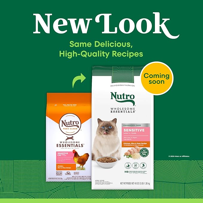 Nutro Wholesome Essentials Natural Dry Cat Food Sensitive Stomach, Chicken, Rice & Peas Recipe Cat Kibble, 3 lb. Bag