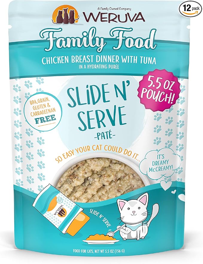 Weruva Wet Cat Food, Family Food with Chicken and Tuna Pate, 5.5oz Slide N Serve Pouch, Pack of 12