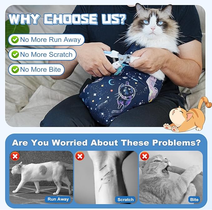 Supet Cat Grooming Wrap for Cutting Nails, 2026 Self-Adherent Cat Wrap, Anti-Escape Calming Cat Swaddle Wrap for Medicine, Nail Clipping, Teeth Brushing, Ear Cleaning (Space, XL)
