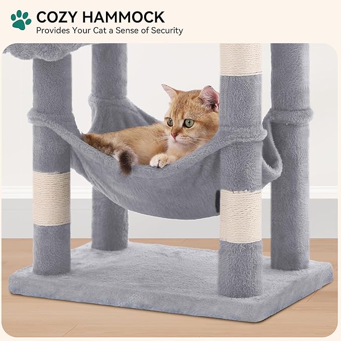 YITAHOME 44in Multi-Level Cat Tree for Indoor Kittens, Cat Furniture with Scratch Posts, Window Padded Plush Perch, Comfortable Hammock, and Interactive Pompoms, Light Gray
