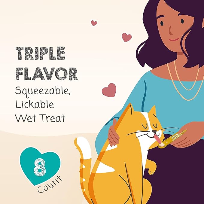 MEOWEE! Savory Spoonables with Real Chicken, Salmon and Duck for Cats, 8 Count, Treat Your Cat to Triple Flavor Squeezable Lickable Wet Treats with Built-in Spoon for Less Mess (Pack of 2)