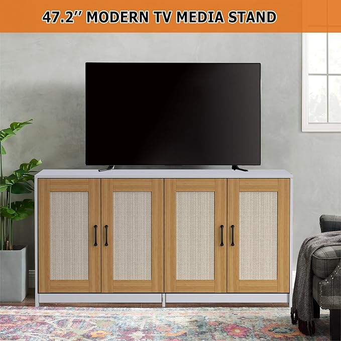 Double Room Litter Box Enclosure, 47 Inch 2 Cats Hidden Litter Box Furniture with Sisal Doors and Sliding Bottom Drawers, Wood Indoor Cat Cabinet TV Stand White