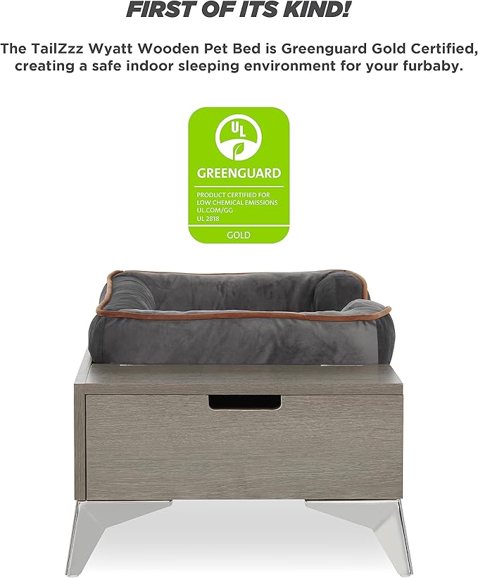 Wooden Dog Bed with Mattress, Small to Medium Elevated, Water Resistant Pet Bed, Wooden Pet Bed with Storage, Greenguard Gold Certified, Machine Washable Cover, Smokey Grey, Wyatt - TailZzz