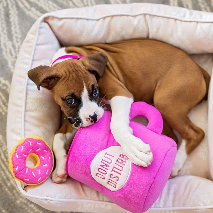 ZippyPaws Burrow- Interactive Dog & Puppy Toys for Boredom, Stimulating Pet Products to Keep Them Busy, Hide & Seek Plush Dog Puzzles, Enrichment Squeaky Toy, for Small & Medium Dogs- Coffee & Donutz