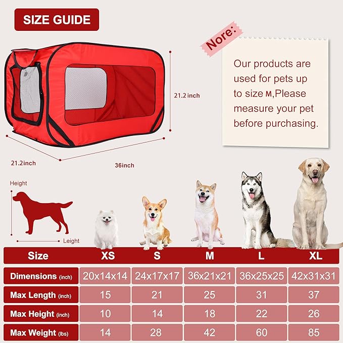 36 Inch Foldable Dog Kennel for Large Dogs, Portable Waterproof Pop-Up Pet Crate, Indoor Outdoor Travel Car Seat Kennel（Red）