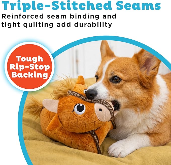 Outward Hound Xtreme Seamz Dog Toy, Reinforced Seams & Multiple Stitching, Durable Plush with Squeakers, Highland Cow, 9.8”