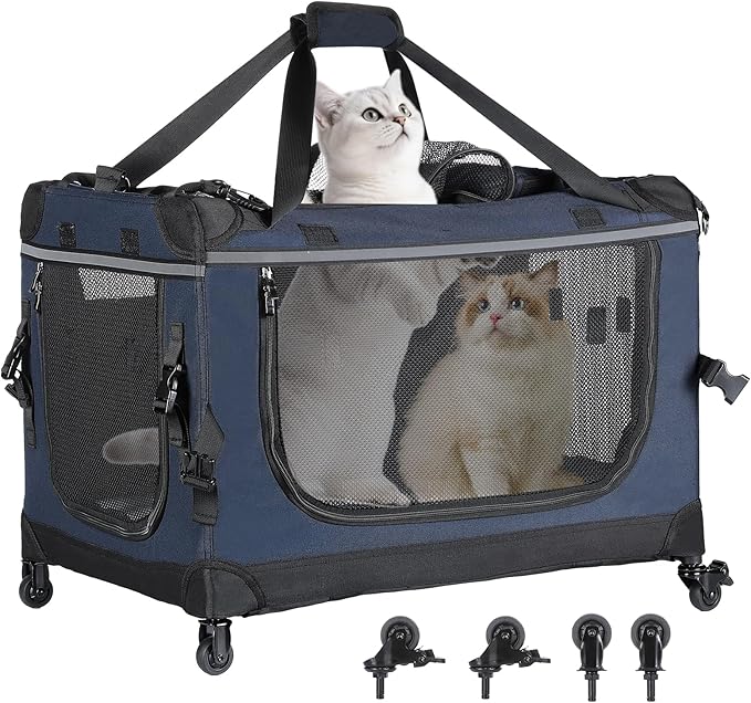 PEGIC 24-inch Foldable Cat Carrier with Removable Wheels – Large Pet Travel Carrier for Cats & Small Dogs, Breathable & Sturdy for Car Rides (Holds up to 44lbs)