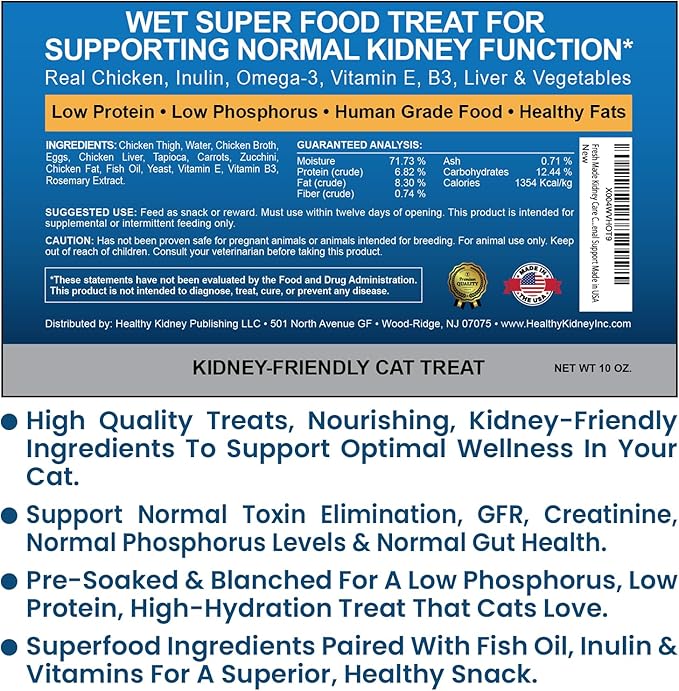 Fresh Made Kidney Care Cat Treat Wet - Renal Cat Treat for Feline Kidney Support - Low Sodium & Phosphorus Support for Cats - Best Feline Food, Feline Renal Support Made in USA