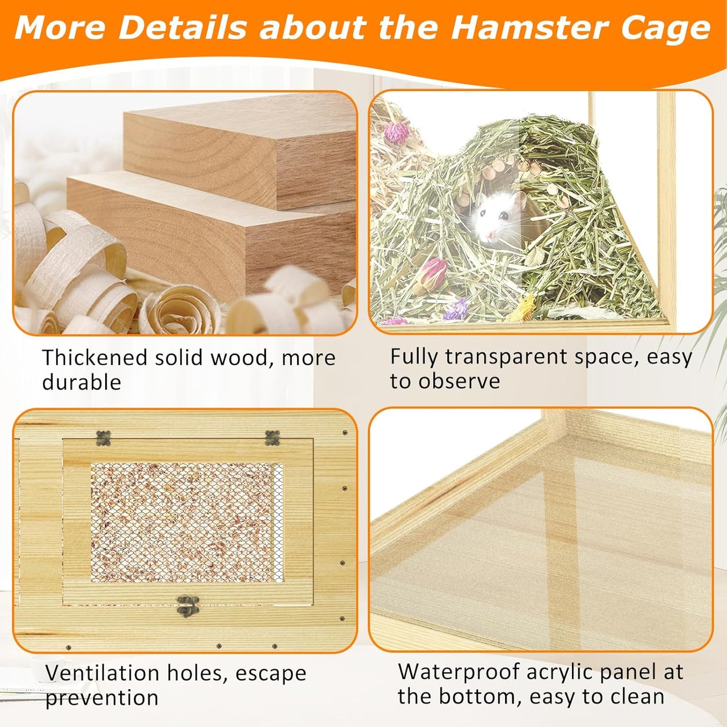 32" Hamster Habitat Enclosure, Lockable Sliding Door Gerbil Cage, Dwarf Hamster Cage with Metal Mesh Roof, Chewproof Syrian Hamster Cage for Mice, Small Animal, (Wooden, 32" L x 16" W x 16" H)