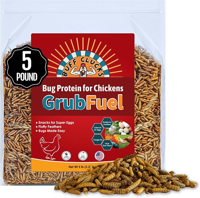 Buff Clucks Grub Fuel Black Soldier Fly Larvae for Chickens - Nutrient Packed BSFL, Sustainably Sourced Snack for Poultry, Rich in Protein, Calcium, Fiber, Essential Fatty Acids, USA Grown (5LB)