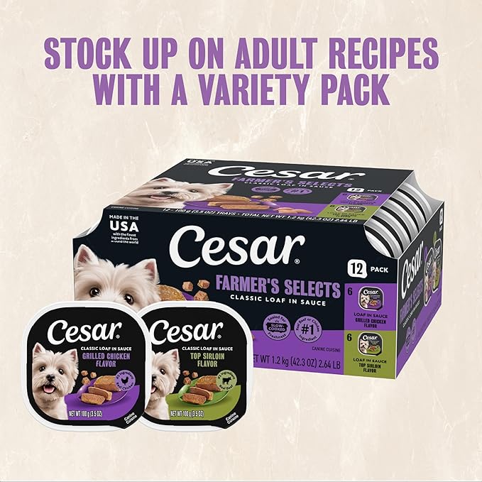 Cesar Classic Loaf in Sauce Adult Wet Dog Food, Grilled Chicken Flavor and Top Sirloin Flavor, 3.5 oz. Easy Peel Trays, Variety Pack (12 Count, Pack of 1)