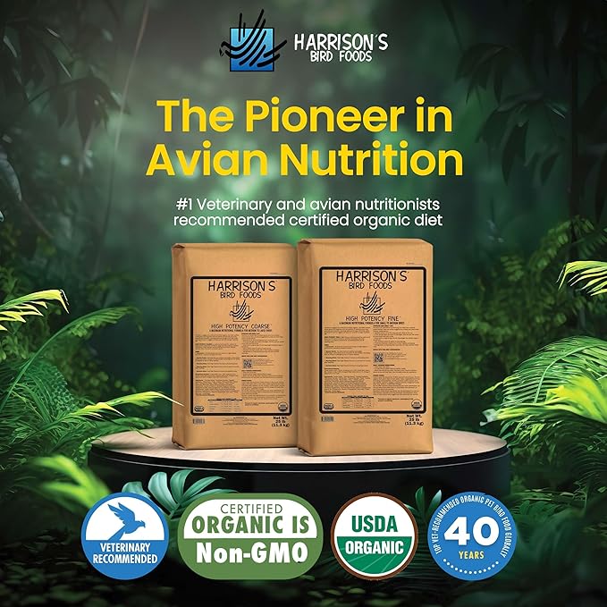 Harrison's Bird Foods High Potency Fine - Certified Organic, Non GMO Formula for Small to Medium Birds - Human Grade Pellets for Molting, Recovering & Weaning Chicks with Balanced Nutrition (25lb)