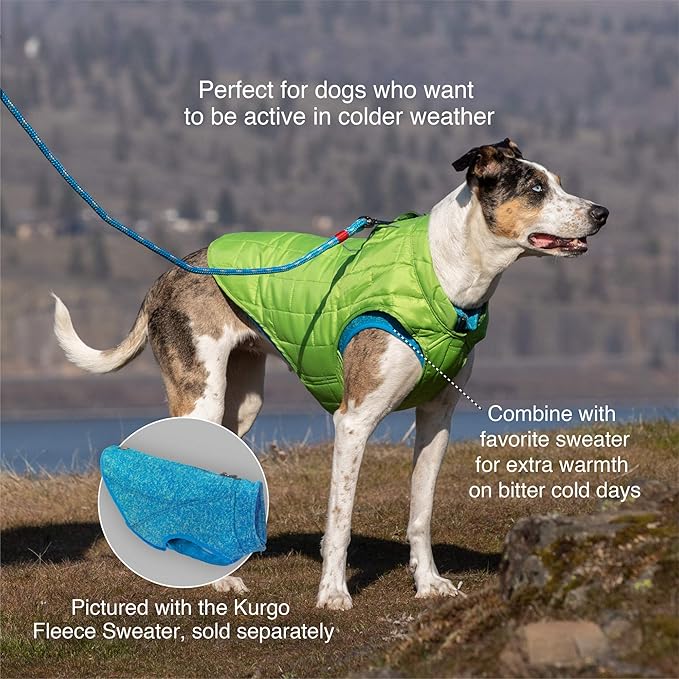 Kurgo Loft Dog Jacket - Reversible Cozy Coat for Outdoor Adventures - Water Resistant - Athletic Fit - Machine Washable Fabric - Reflective Dog Gear - X-Small - Coastal Blue