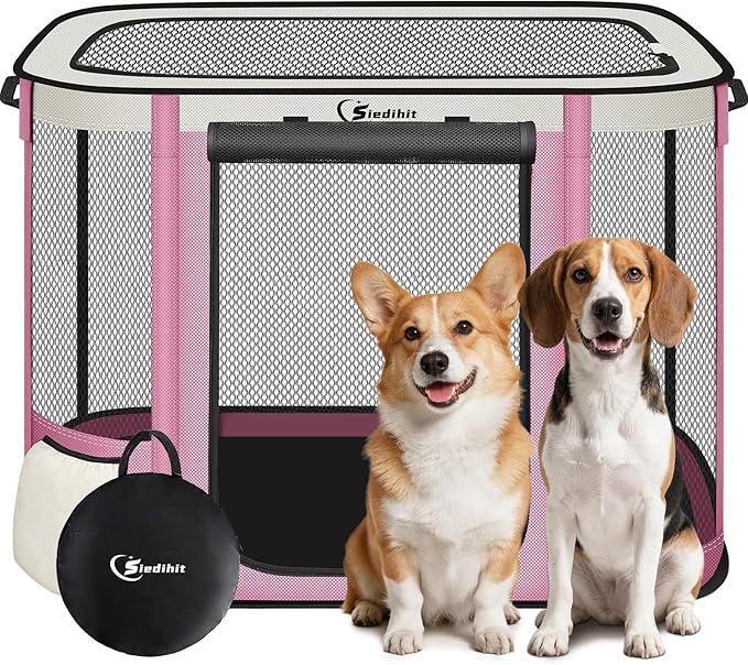 Siedihit Dog Cat Playpen Crate with Washable Pee Pad, Reinforced Durable Dog Cage, Portable Foldable Pet Kennel with Breathable Visibility (Pink, Large)