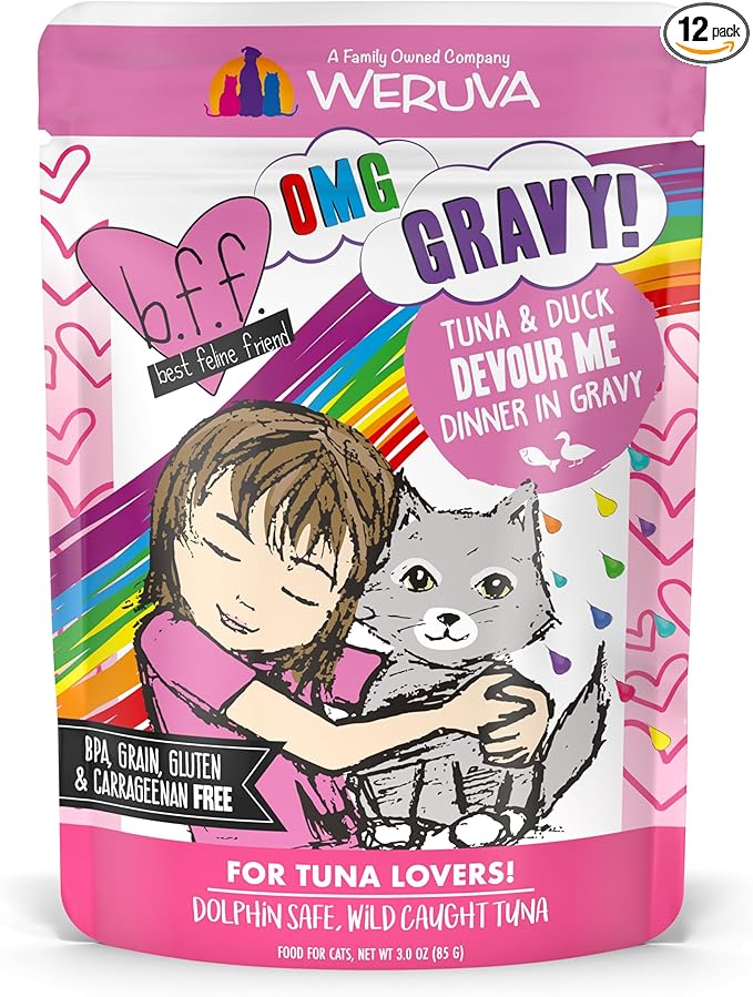 Weruva B.F.F. OMG - Best Feline Friend Oh My Gravy!, Tuna & Duck Devour Me with Tuna & Duck in Gravy Cat Food, 3oz Pouch (Pack of 12)