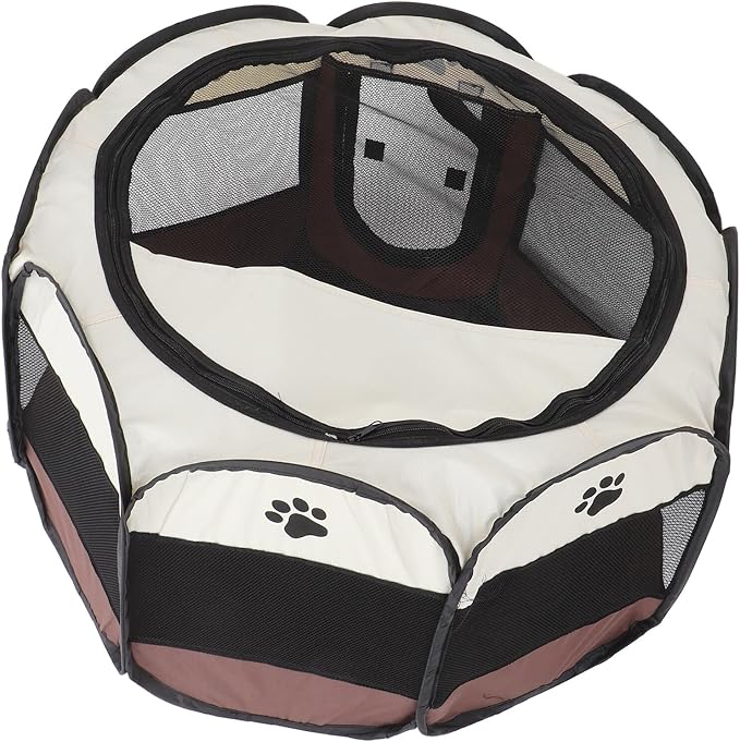 TOYANDONA Portable Pet Playpen Octagonal Dog Kennel with Oxford Fabric, Large Foldable Indoor Outdoor Exercise Tent for Small Dogs and Cats, Coffee Tone Small Size