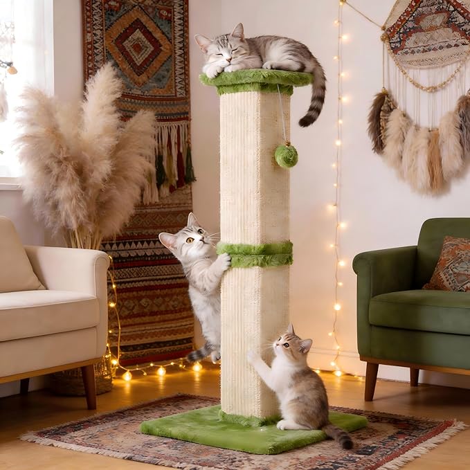Fansafurn Tall Cat Scratching Post, 32'' Heavy Duty and Thick Scratching Post, Scratching Post for Adult Cats, Thick Sisal Rope with Hanging Ball, Green