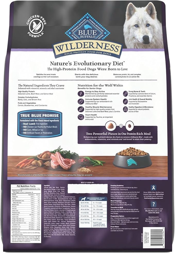 Blue Buffalo Wilderness 31 g Protein, Meat Rich Natural Dry Senior Dog Food, Lamb, Chicken-Free Formula, 13lb Bag