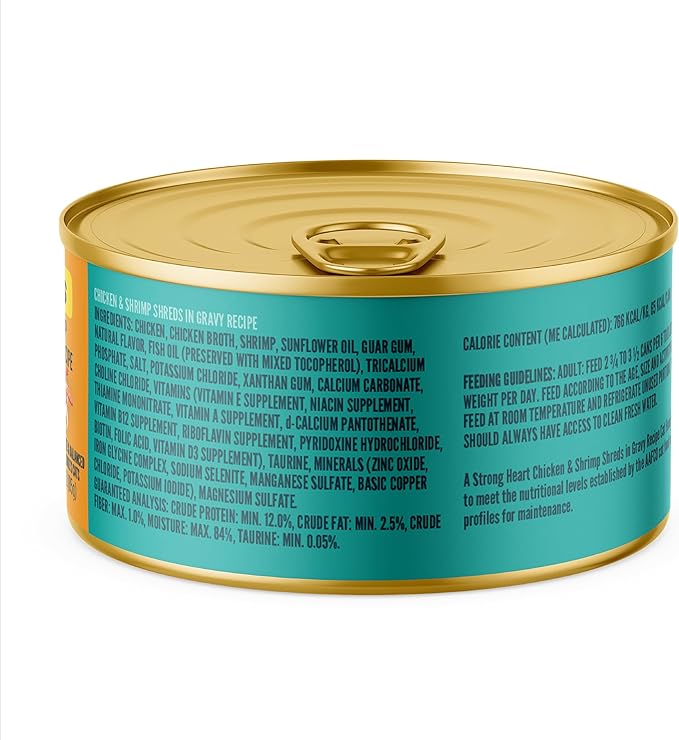 A Strong Heart Wet Cat Food, Chicken & Shrimp Shreds in Gravy, Made with Whole Muscle Chicken, Made in the USA, 3oz Can (Pack of 24)
