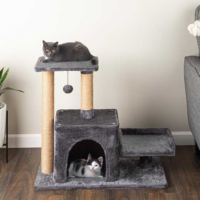 24.5in Small Cat Tree Tower - Cat Tower with Napping Perches, Kitten Condo, 2 Rope Scratching Posts, and Hanging Toy - Multi-Level Kitten Tree and Climbing Activity Furniture by PETMAKER (Gray)