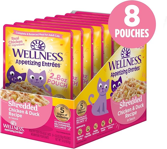 Wellness Appetizing Entrées Shredded Adult Wet Cat Food, Natural, Protein Rich, Grain Free, Chicken and Duck Recipe, 2.8 oz, Pack of 8 Pouches