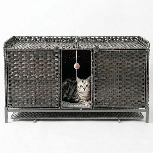 GAOMON Cat Litter Box Enclosure Furniture, Handwoven Rattan Cat Houses, Hidden Cat Washroom Furniture with Door/Mat, Large Space Cat Houses with S-Shaped Hooks, Living Room, Bedroom, Gray