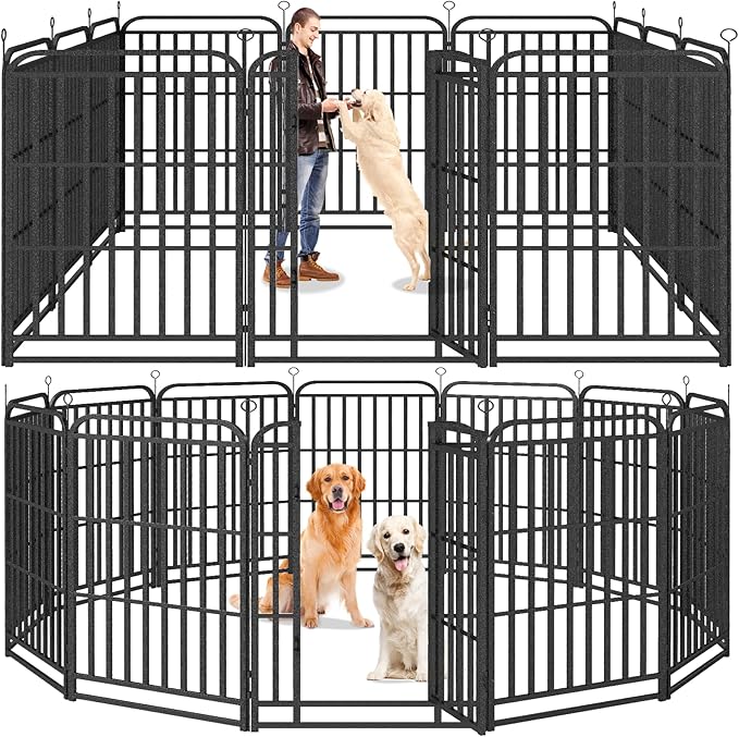 Kfvigoho Heavy Duty Dog Playpen: 12 Steel Panels 47" Height, Square Steel Pipe with Reinforced Crossbars, 27FT 57 Sq.ft Portable Fence for Yard RV Camping, Snowy Black