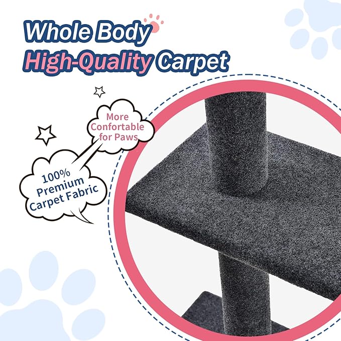 Cat Craft Cat Tree Floor to Ceiling 95-108" Tall Cat Tree Carpet Cat Tower Kitten Tree Sisal Scratching Post and Mat Cat Pole for Indoor Cats, Charcoal, 4-Tier