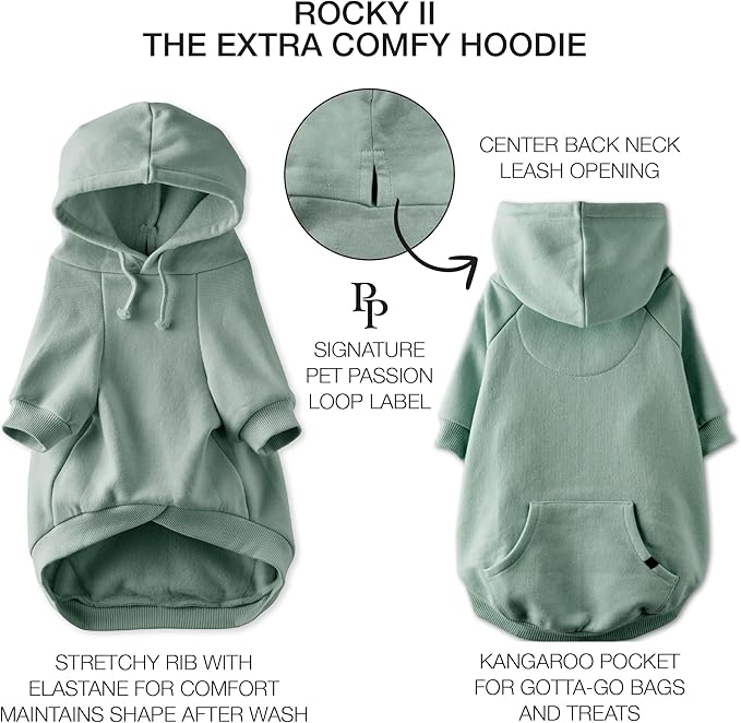 Pet Passion Rocky II - The Extra Comfy Hoodie, Organic Cotton and Recycled Poly Dog Hoodie Pet Coat Sweater for Small, Medium, Large Dogs, Sage, X-Small (5-12 lbs)