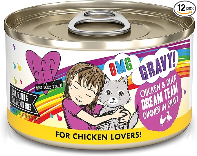 Weruva B.F.F. OMG - Best Feline Friend Oh My Gravy!, Chicken & Duck Dream Team with Chicken & Duck in Gravy, 2.8oz Can (Pack of 12)