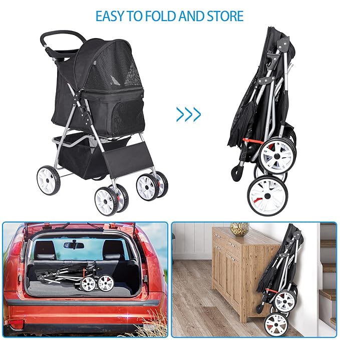 4 Wheels Foldable Pet Dog Cat Jogger Stroller Travel Carrier Strolling Cart w/Waterproof Cover Storage Basket Cup Holder & Removable Liner for Medium Small Cat Dog, Black