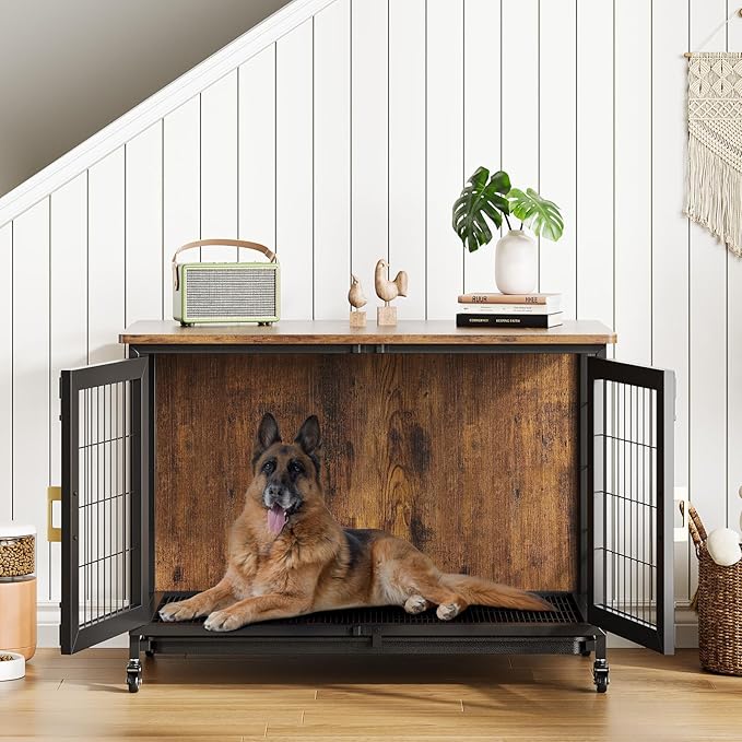 GarveeLife 37.5 in Dog Kennel Furniture, Heavy Duty Dog Crate Furniture with Wheels, Grid Base, Removable Tray, Latches, Indoor Farmhouse Dog Cage for Medium and Small Dogs, Brown