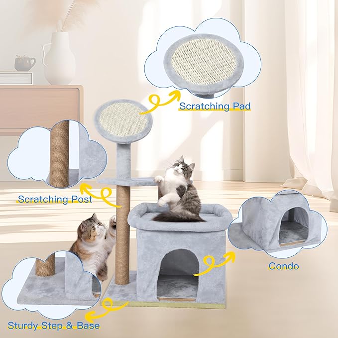 33 inch Small Cat Tree Tower, Cat Tree for Indoor Cats, Cat Scratching Post with Sisal Scratching Pad & Board, Cat Condo for Large Cats and Kittens, Cat Playhouse with Hanging Ball for Play, Grey