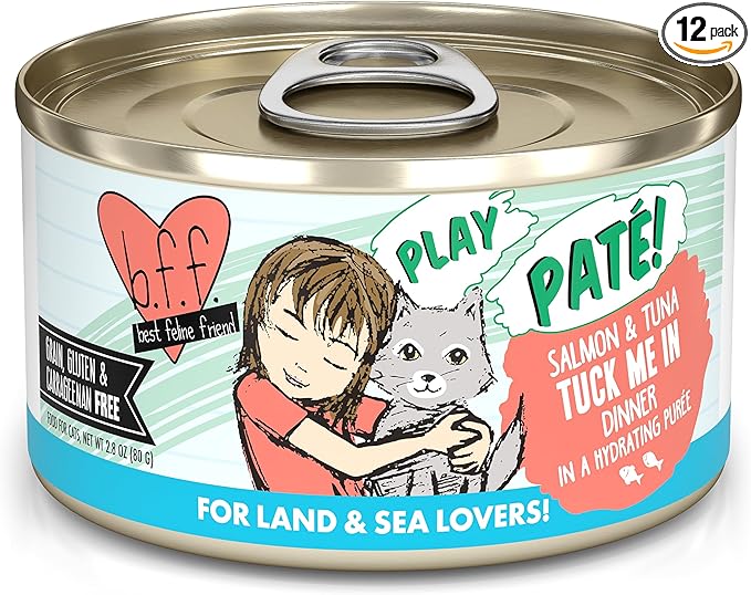 Weruva B.F.F. Play - Best Feline Friend Paté Lovers, Aw Yeah!, Salmon & Tuna Tuck Me in with Salmon & Tuna, 2.8oz Can (Pack of 12)