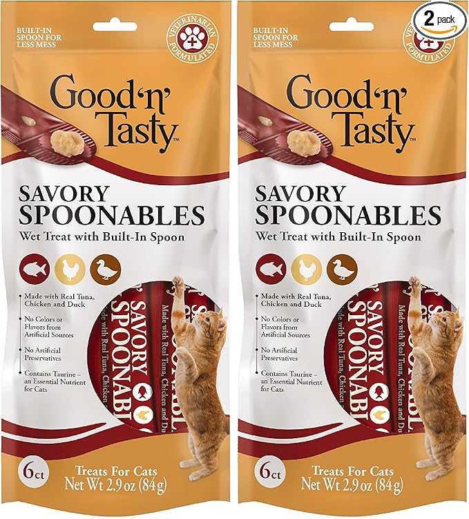 Good ‘n’ Tasty Savory Spoonables with Real Tuna, Chicken & Duck, 6 Count Tube, Triple Flavor Squeezable Lickable Wet Treats for Cats with Built-in Spoon for Less Mess (Pack of 2)