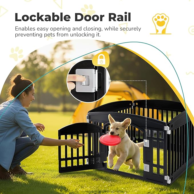 24" Plastic Dog Playpen 4-Panel Durable Pet Playpen for Puppies & Small/Medium Dogs, Portable & Foldable Pet Fence with Secure Locking Door, Black