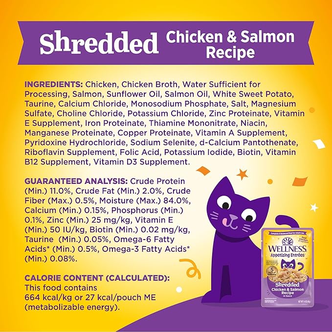 Wellness Appetizing Entrées Shredded Adult Wet Cat Food, Natural, Protein Rich, Grain Free, Chicken and Salmon Recipe, 1.4 oz, Pack of 8 Pouches