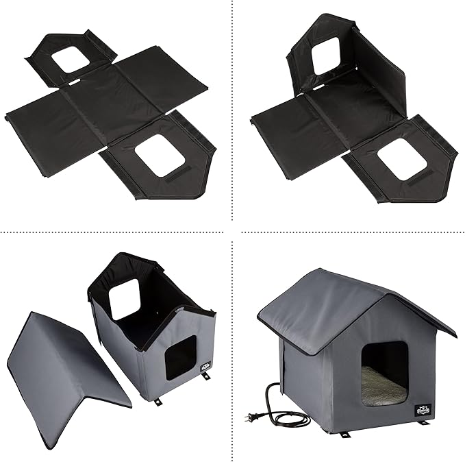 Heated Cat House - Double-Door Cat Bed with Zippered Roof, Pet Heating Pad, and Sherpa Cover - for Garage, Porch, Barn, or Basement by PETMAKER (Gray)