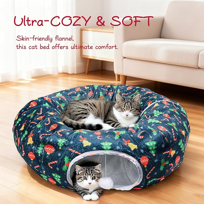 Cat Tunnel Bed for Indoor Cats - Soft Plush Cat Tunnel with Washable Cushion, Cat Donut Tunnel Toys for Kitten Puppy Rabbit
